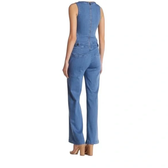 RACHEL ROY DENIM JUMPSUIT CUTOUT OVERALLS WIDE LEG LIGHT WASH - Picture 2 of 16